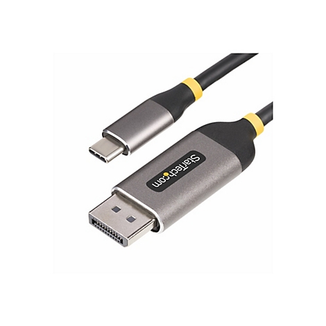Un câble USB-C vers DisplayPort gris. Startech.com est sur le connecteur. Câble noir avec des accents jaunes.