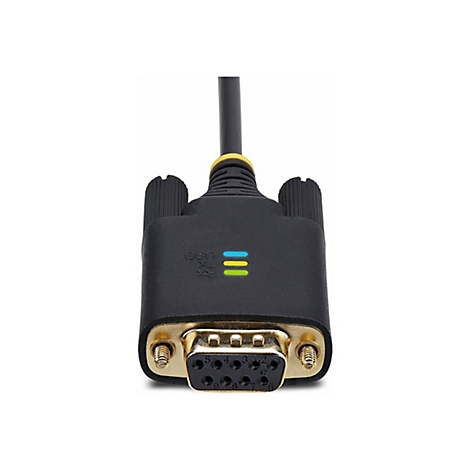 Gros plan sur un connecteur DB9 noir avec des contacts dorés et un manchon jaune.