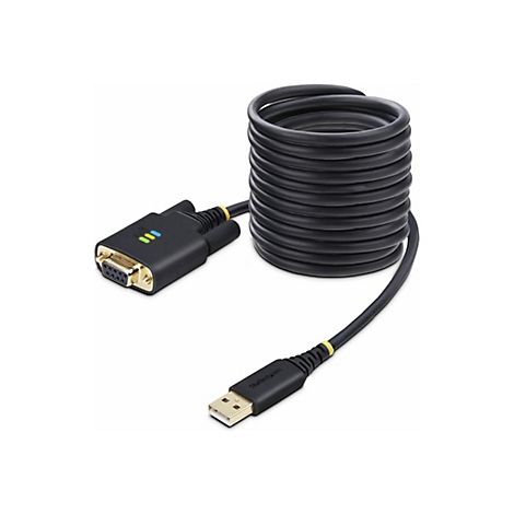 Un câble noir avec un connecteur USB et un connecteur série DB9. Le câble est enroulé, et le connecteur USB porte l'impression StarTech.com.