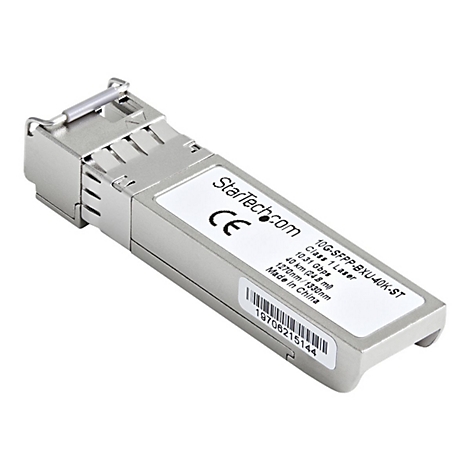 Ein silbernes StarTech.com 10G-SFPP-BXU-40K-ST Modul mit Text: Class 1 Laser, 10,31 Gbps und Made in China.