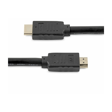 Zwei schwarze HDMI-Kabel mit vergoldeten Anschlüssen, liegend auf weißem Hintergrund. Auf den Kabeln steht "HDMI CABLE".