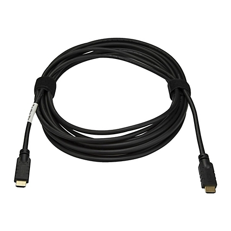 Ein schwarzes HDMI-Kabel, aufgerollt und mit Klettband fixiert. Stecker an beiden Enden.