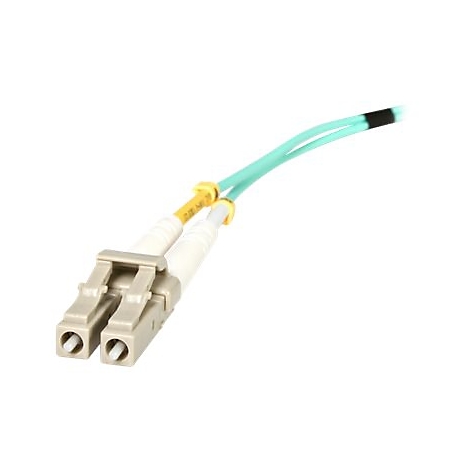 Ein hellgrauer Stecker mit zwei Anschlüssen und weißen Kabeln, die sich in zwei helltürkisfarbene Kabel aufspalten.