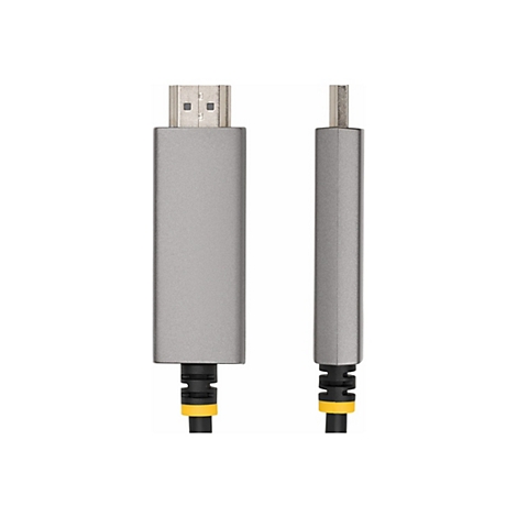Deux câbles HDMI gris avec des connecteurs noirs et jaunes. L'un a un port HDMI, l'autre une prise.