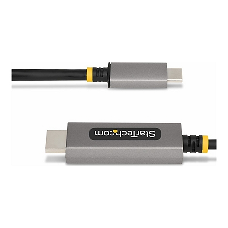 Deux câbles USB-C et HDMI gris avec des accents jaunes, posés sur fond blanc. Logo Startech.com sur un connecteur.