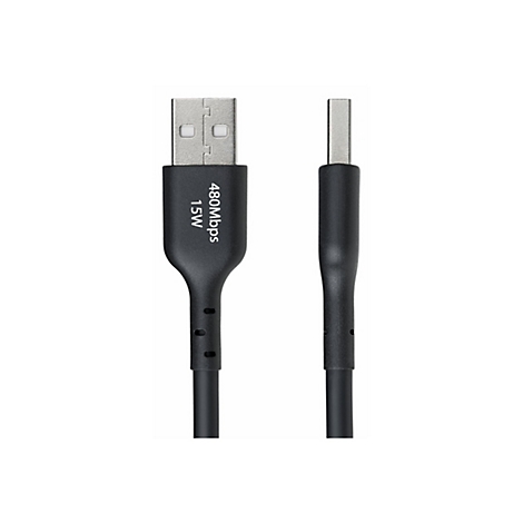 Un câble USB noir illustré sur fond blanc. Le connecteur porte l'inscription "480Mbps" et "15W".