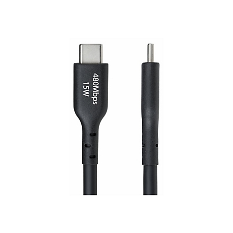Un câble USB-C noir sur fond blanc. Le câble porte l'inscription "480Mbps 15W" en blanc.
