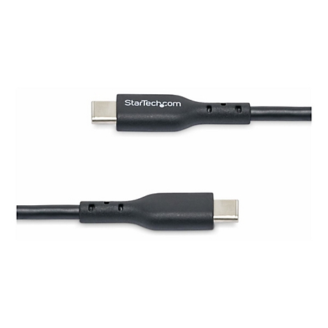 Un câble USB-C noir de StarTech.com. Les connecteurs sont argentés.