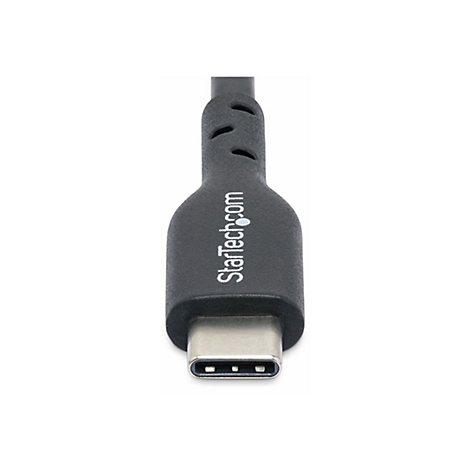 Gros plan d'un câble USB-C noir, avec le logo StarTech.com et un connecteur métallique, sur fond blanc.