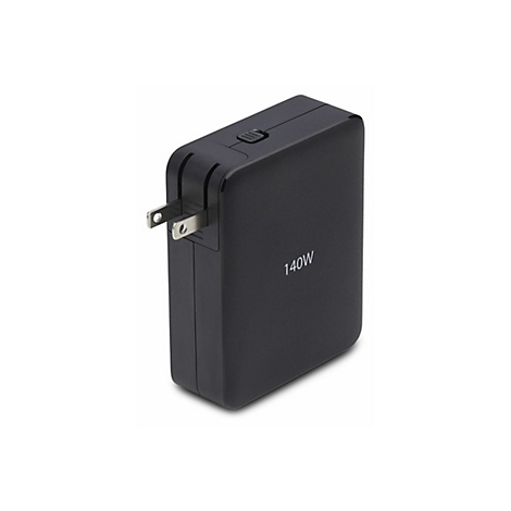 Schwarzes Ladegerät, 140W, mit US-Stecker, auf weißem Hintergrund.