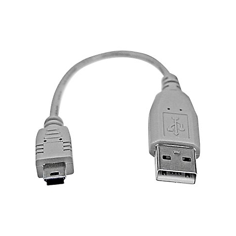 Ein graues USB-Kabel mit einem Mini-USB-Anschluss und einem Standard-USB-Anschluss, die durch ein kurzes Kabel verbunden sind.