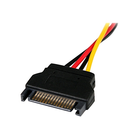 Ein SATA-Stromkabel mit einem schwarzen Stecker und drei farbigen Kabeln: gelb, rot und schwarz.