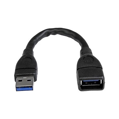 Ein schwarzes USB 3.0 Verlängerungskabel mit einem Stecker und einer Buchse.
