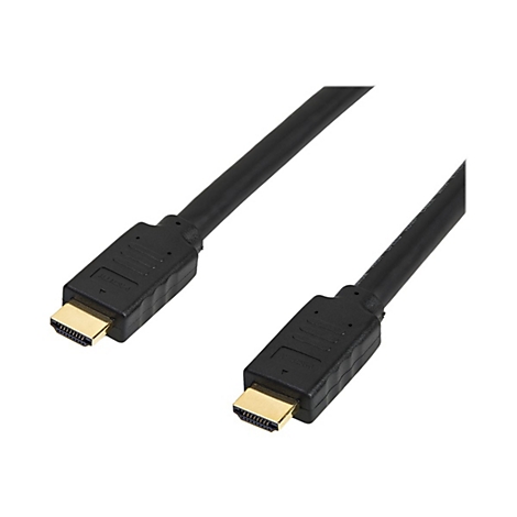 Ein schwarzes HDMI-Kabel mit vergoldeten Anschlüssen. Der Kabelkörper hat Aufschriften.