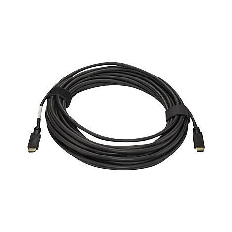 Schwarzes HDMI-Kabel in Spiralform, mit Klettverschluss fixiert.