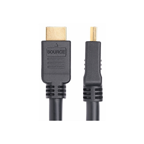 Zwei schwarze HDMI-Kabel, eines mit Aufschrift 'SOURCE'. Die Stecker sind goldfarben, der Hintergrund ist weiß.
