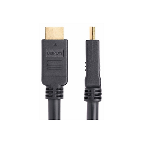 Ein schwarzes HDMI-Kabel mit goldenen Steckern. Auf einem Stecker steht "DISPLAY".