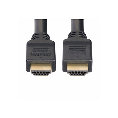 Zwei schwarze HDMI-Kabel mit Steckern vor weißem Hintergrund. Der Stecker links hat die Aufschrift "SOURCE", der rechte Stecker die Aufschrift "DISPLAY".