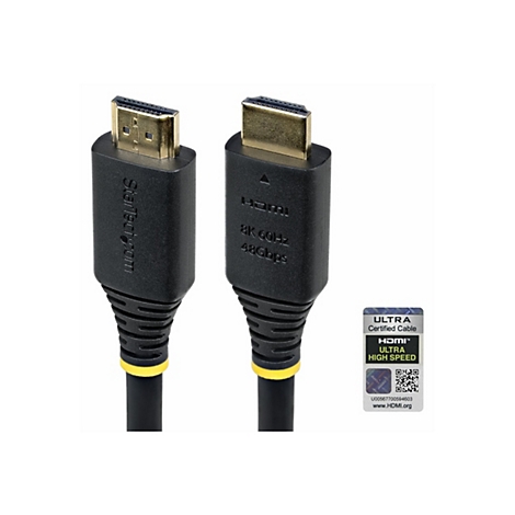 Deux câbles HDMI noirs avec connecteurs dorés et autocollant.
