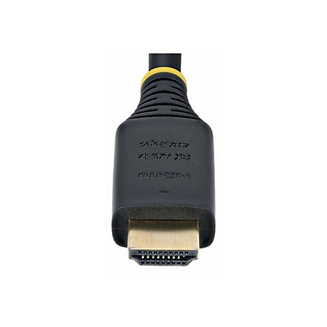 Gros plan sur un câble HDMI noir avec un connecteur doré. Le texte sur le connecteur indique '8K 60HZ 48Gbps'.