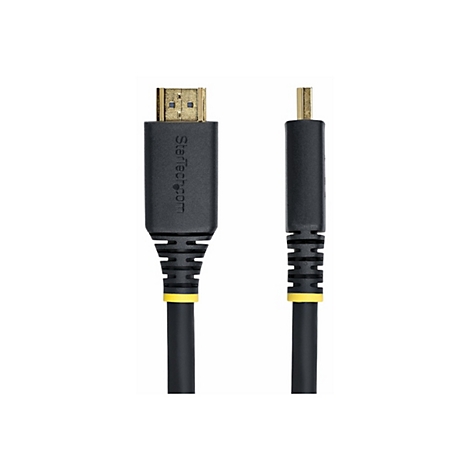 Un câble HDMI noir avec des connecteurs dorés, des accents jaunes et le logo Startech.com.