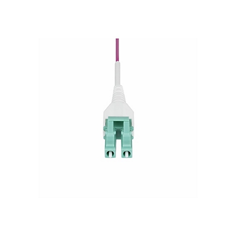 Gros plan d'un câble à fibre optique avec un connecteur vert et blanc et un câble violet.