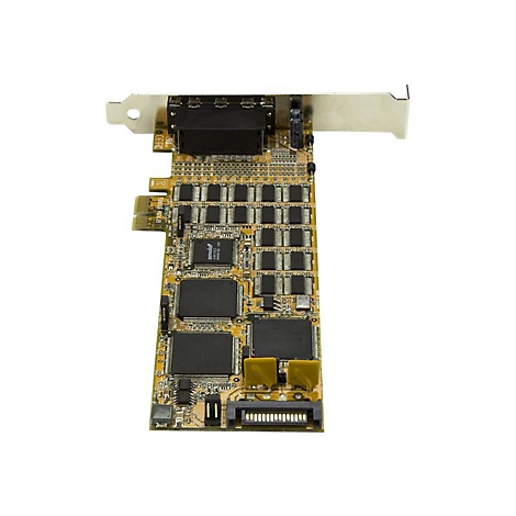 Eine Computer-Erweiterungskarte mit Leiterbahnen, Chips und Anschlüssen. Der Hintergrund ist weiß.