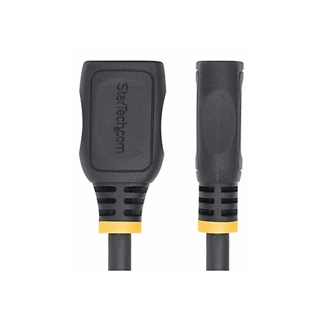 Gros plan d'un câble HDMI noir avec des touches de jaune et le logo StarTech.com.