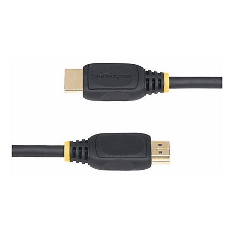 Deux câbles HDMI noirs avec des connecteurs dorés et des accents jaunes sur fond blanc. Le mot "Startech.com" est imprimé sur un câble.