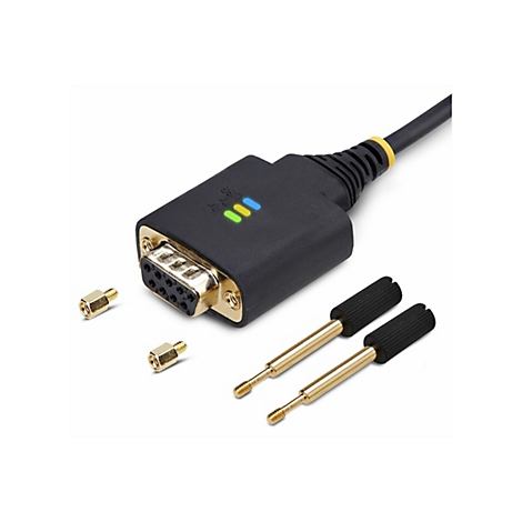 Ein schwarzes Anschlusskabel mit goldfarbenem Stecker und drei farbigen Lichtern. Daneben liegen zwei Stifte und zwei Schrauben.