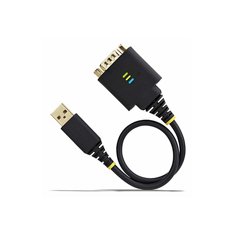 Adaptateur USB vers série noir, avec des accents jaunes et trois lumières colorées.