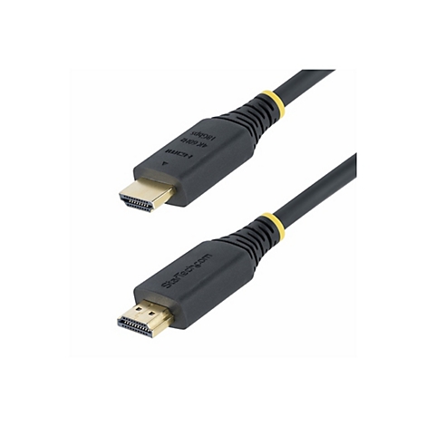 Zwei schwarze HDMI-Kabel mit goldenen Steckern und gelben Markierungen. Eines ist mit "StarTech.com" beschriftet, das andere mit "4K 60Hz 18Gbps HDMI".