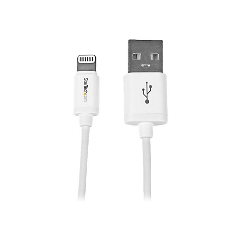 Weißes USB-Ladekabel mit Lightning-Anschluss. Auf dem Stecker steht 'StarTech.com'.