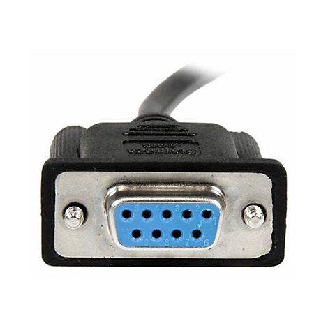 Nahaufnahme eines seriellen 9-Pin-D-Sub-Steckers mit blauem Innenleben und Nummerierung.