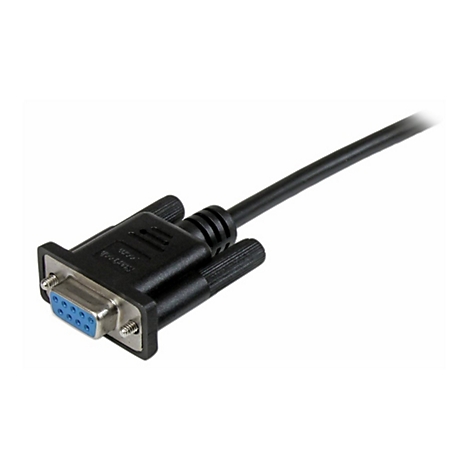 Nahaufnahme eines schwarzen D-Sub-Kabels mit blauen Anschlüssen und Schrauben.