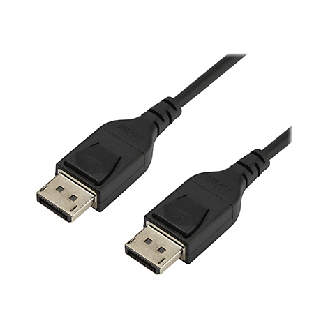 Zwei schwarze DisplayPort-Kabel mit Steckern; ein Detailbild auf weißem Hintergrund.