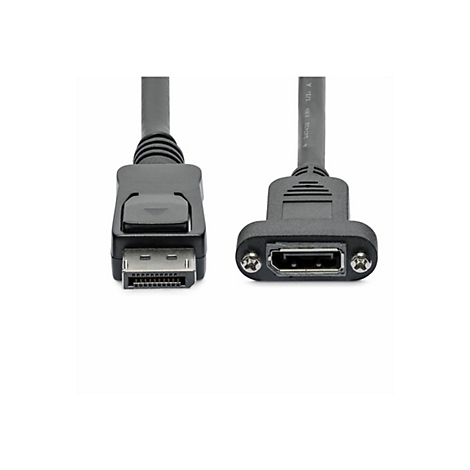 DisplayPort-Stecker und DisplayPort-Einbaubuchse mit Schraubbefestigung an schwarzen Kabeln vor weißem Hintergrund.