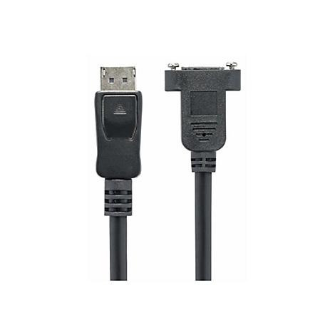 DisplayPort-Stecker links und DVI-Stecker mit Rändelschrauben rechts, schwarze Kabelenden vor weißem Hintergrund.