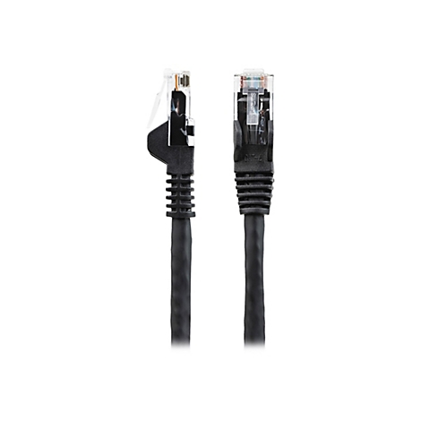 Zwei schwarze Netzwerkkabel mit RJ45-Steckern. Auf einem Stecker steht "Startech.com" und "CAT-6".