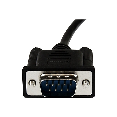 Nahaufnahme eines schwarzen D-Sub-Steckers mit blauen Pins, silberner Umrandung und Schrauben.