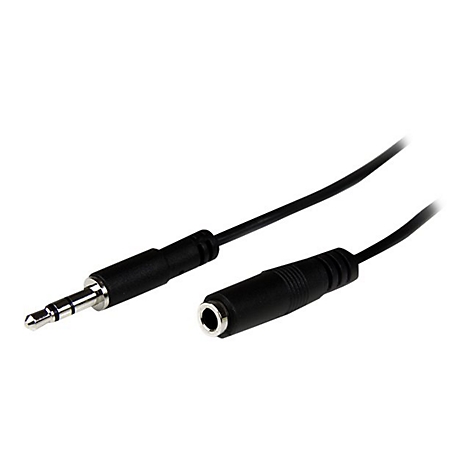 Nahaufnahme eines schwarzen 3,5-mm-Klinkensteckers und einer Buchse, verbunden mit einem schwarzen Kabel.