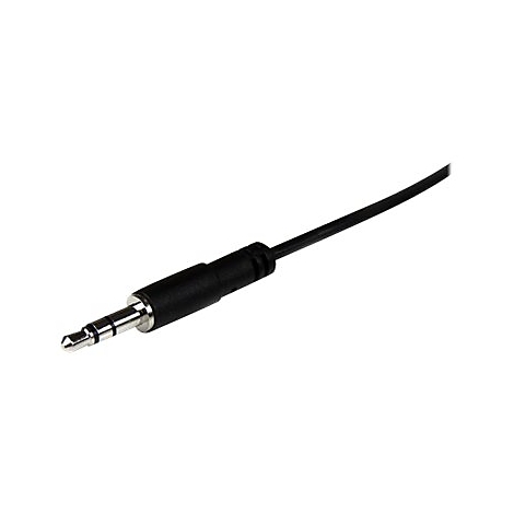 Nahaufnahme eines 3,5-mm-Klinkensteckers mit schwarzem Kabel auf weißem Hintergrund.