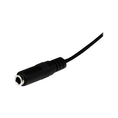 Nahaufnahme einer schwarzen 3,5-mm-Klinkenbuchse mit silberfarbener Innenverkleidung. Das Kabel ist schwarz.