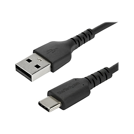Schwarzes USB-Kabel mit USB-A- und USB-C-Stecker. Der Schriftzug "StarTech.com" ist auf dem C-Stecker zu sehen.