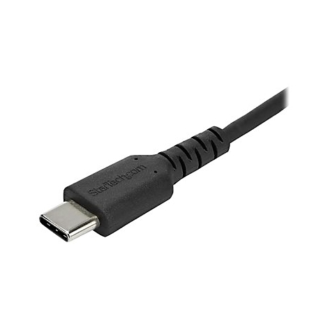 Nahaufnahme eines schwarzen USB-C-Kabels mit Metallstecker. Auf dem Stecker steht StarTech.com.