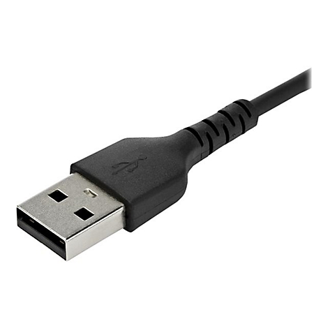 Nahaufnahme eines schwarzen USB-Kabels. Der Stecker ist silberfarben, das Kabel hat eine Rillenstruktur.