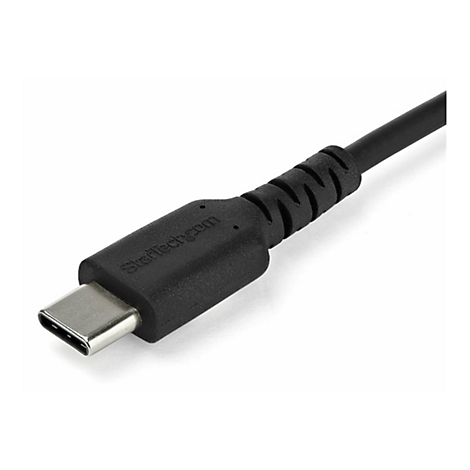 Nahaufnahme eines schwarzen USB-C-Kabels. Der Stecker ist silberfarben. Auf dem Stecker steht Startech.com.
