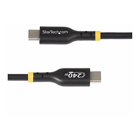 Schwarzes USB-C-Kabel mit gelben Akzenten und StarTech.com Logo. Am Stecker ist „240W“ aufgedruckt.