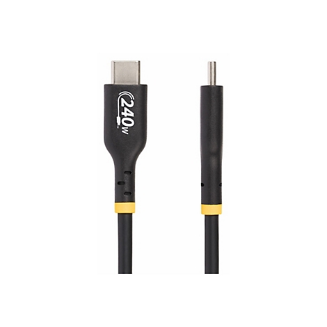Schwarz-gelbes USB-C-Kabel. Auf dem Kabel steht 240W.
