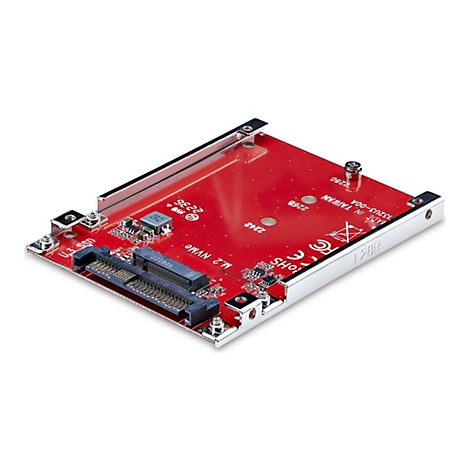 Un composant électronique rouge avec des supports et des connecteurs argentés. Inscription : M.2 NVMe, Made in Taiwan.